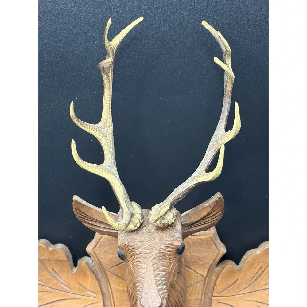 Vintage German Cuckoo Clock Wood Deer Head w/ Horns Guns Topper Rustic Log Cabin